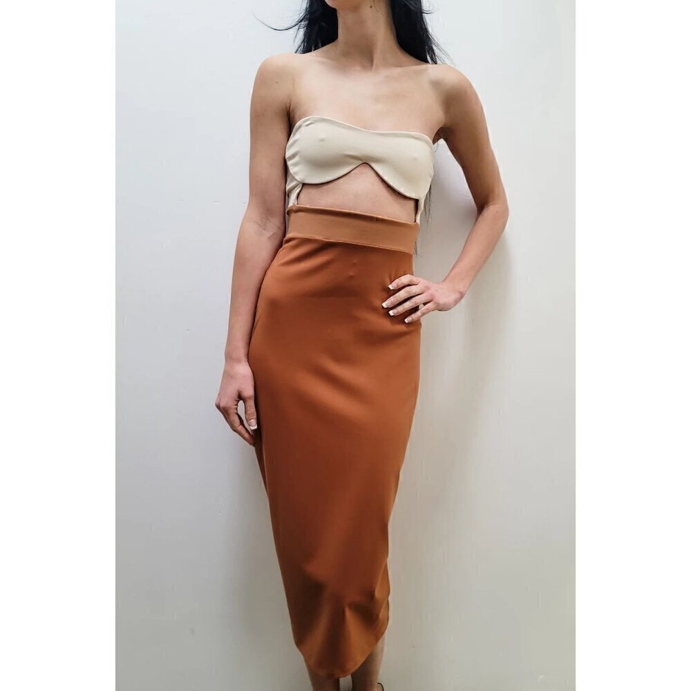 SUSANA MONACO Colorblock Cutout Detail Tube Midi Dress in Toffee Size X-Small